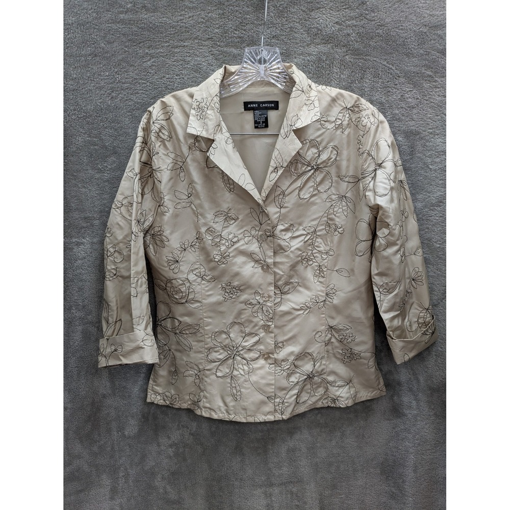 Anne Carson Jacket Womens Small Floral Silk Embroidered 3/4 Sleeve Blazer Office